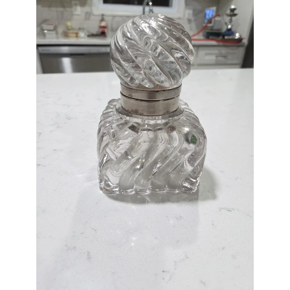Antique Large Inkwell with Ribbed Swirling Glass- Baccarat Style Inkwell
